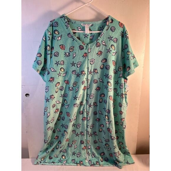 Adonna woman 1x coverup sleepwear robe? zipper aqua seashells new - Picture 2 of 8